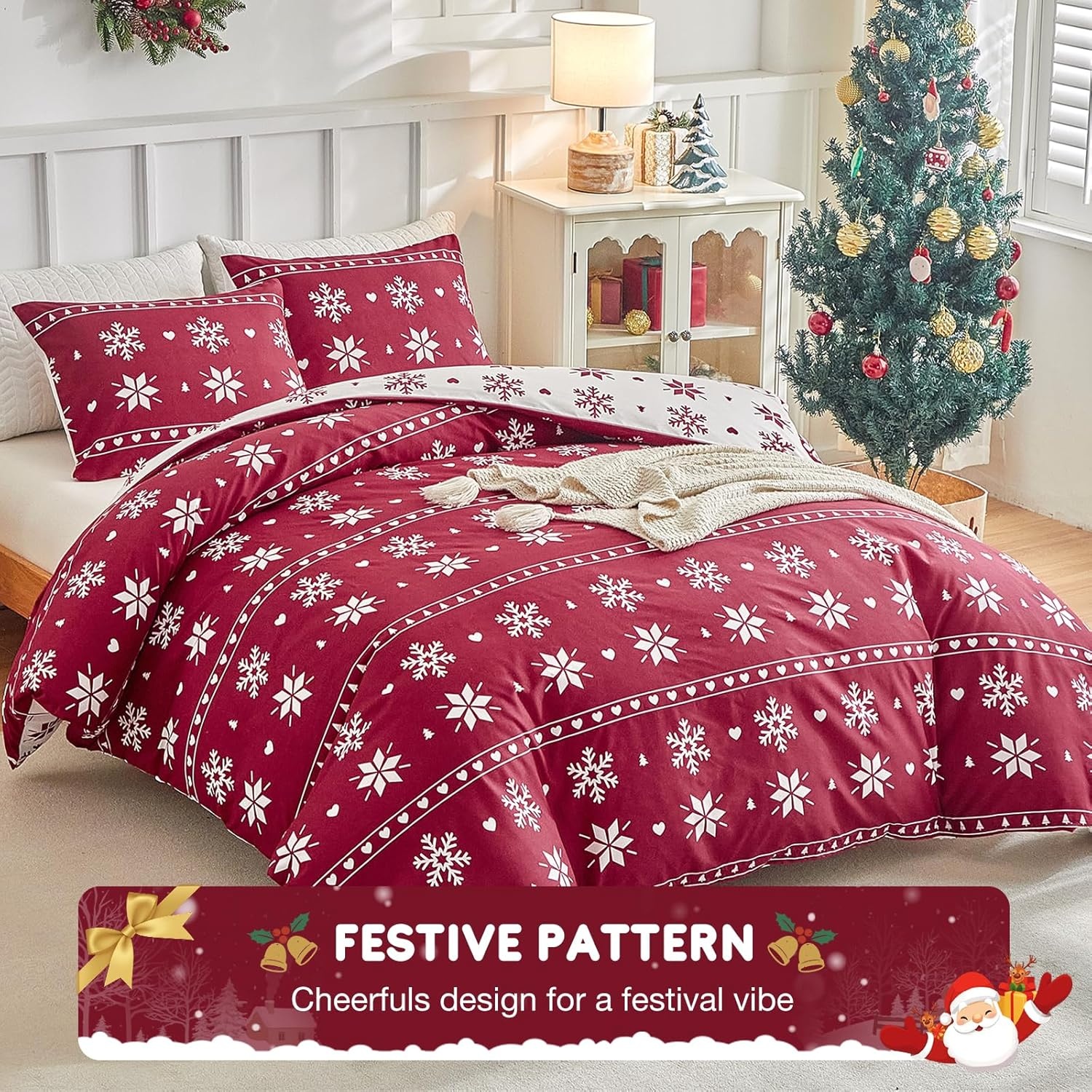 image:imageLekesky Duvet Cover Queen Size Reversible Botanical Floral Duvet Cover Set with Zipper Closure 3 Pieces Soft Microfiber Green Bedding Set 1Duvet Cover 90x90 2 Pillowcases 20x26Cchristmas Snowflakes