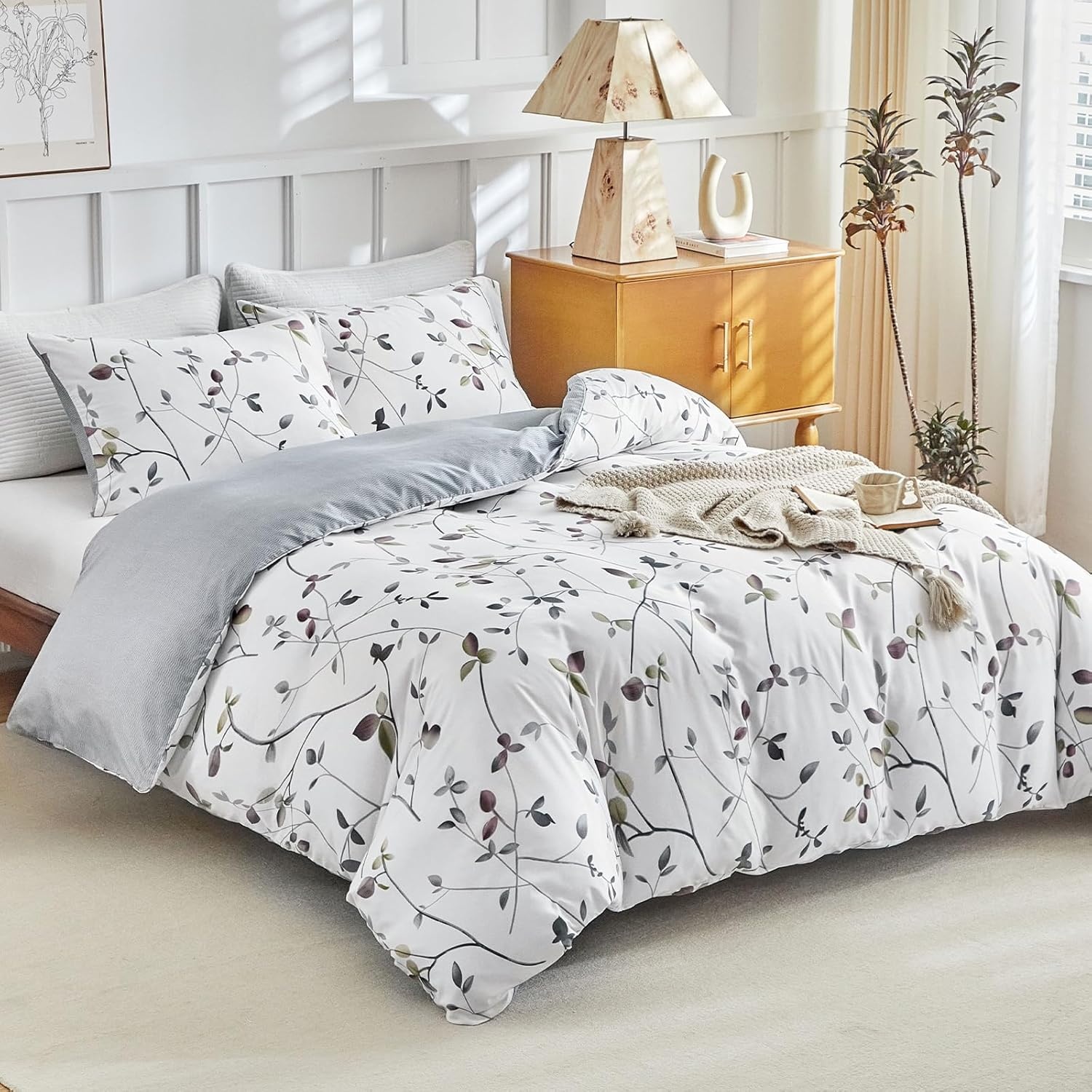 image:imageLekesky Duvet Cover Queen Size Reversible Botanical Floral Duvet Cover Set with Zipper Closure 3 Pieces Soft Microfiber Green Bedding Set 1Duvet Cover 90x90 2 Pillowcases 20x26Bwhite Grey Tree