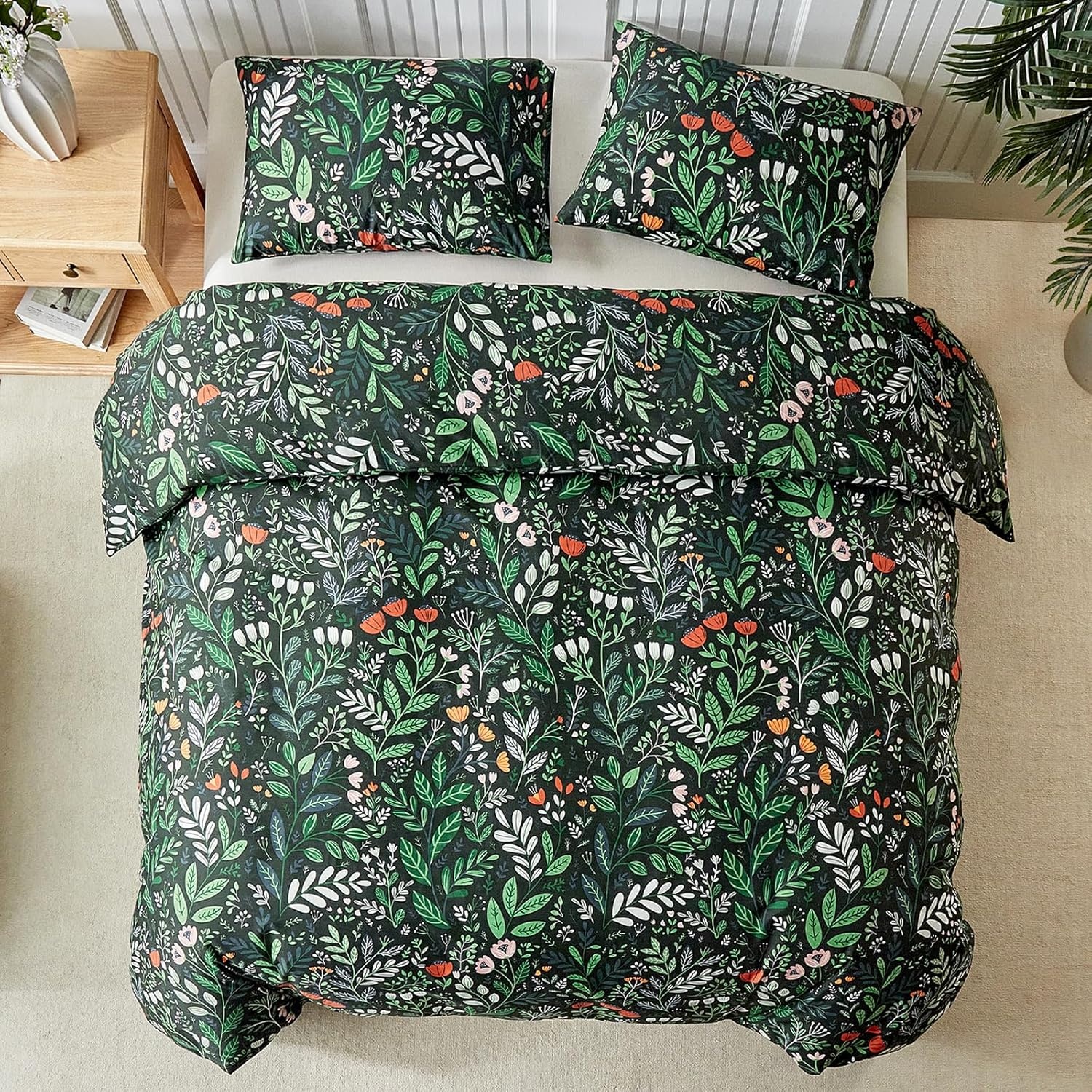 image:imageLekesky Duvet Cover Queen Size Reversible Botanical Floral Duvet Cover Set with Zipper Closure 3 Pieces Soft Microfiber Green Bedding Set 1Duvet Cover 90x90 2 Pillowcases 20x26C Greenromantic Garden