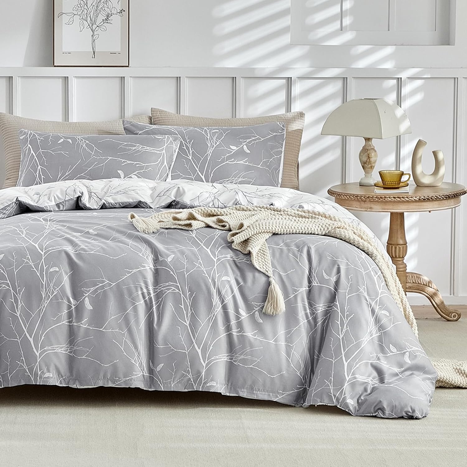 image:imageLekesky Duvet Cover Queen Size Reversible Botanical Floral Duvet Cover Set with Zipper Closure 3 Pieces Soft Microfiber Green Bedding Set 1Duvet Cover 90x90 2 Pillowcases 20x26Bgrey Branch