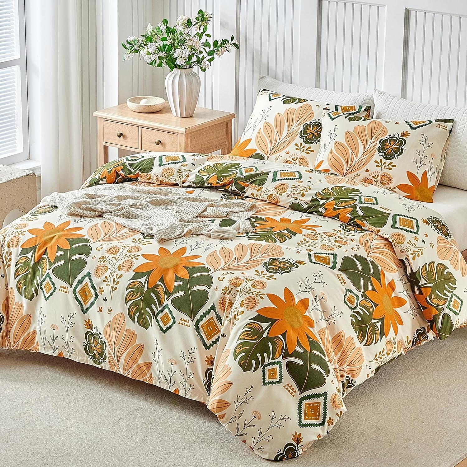 image:imageLekesky Duvet Cover Queen Size Reversible Botanical Floral Duvet Cover Set with Zipper Closure 3 Pieces Soft Microfiber Green Bedding Set 1Duvet Cover 90x90 2 Pillowcases 20x26C Yellowbaroque