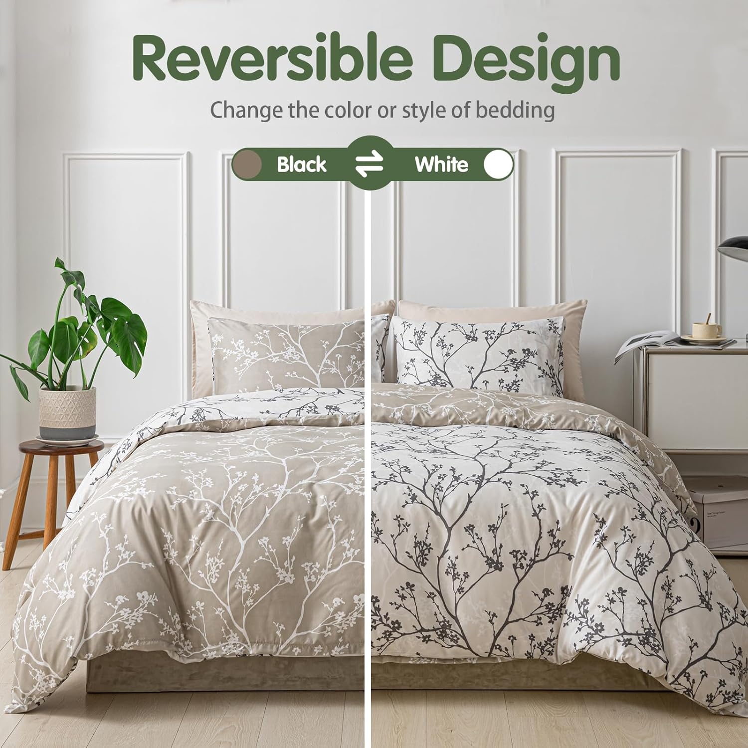 image:imageLekesky Duvet Cover Queen Size Reversible Botanical Floral Duvet Cover Set with Zipper Closure 3 Pieces Soft Microfiber Green Bedding Set 1Duvet Cover 90x90 2 Pillowcases 20x26C Khaki Whiteno Comforter