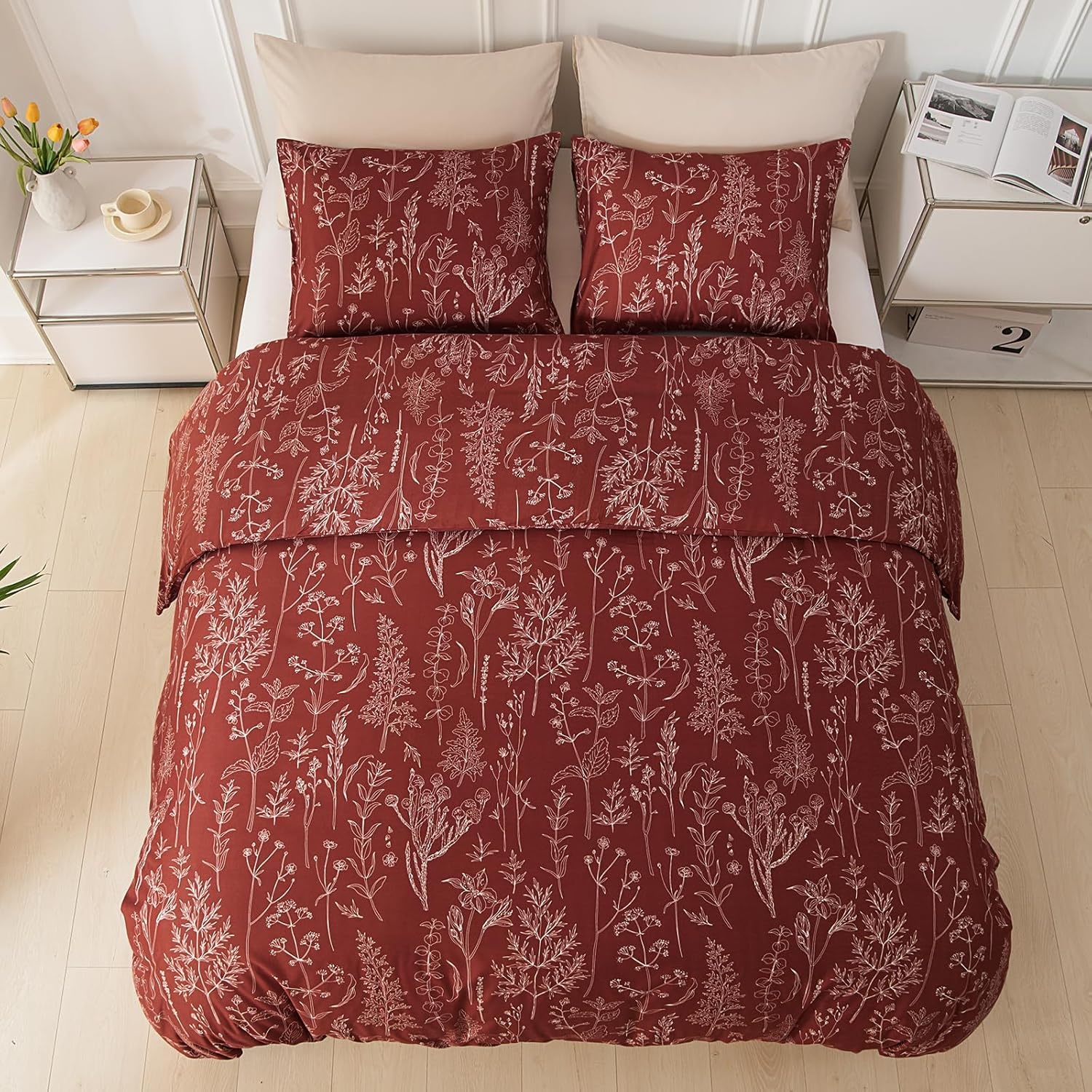 image:imageLekesky Duvet Cover Queen Size Reversible Botanical Floral Duvet Cover Set with Zipper Closure 3 Pieces Soft Microfiber Green Bedding Set 1Duvet Cover 90x90 2 Pillowcases 20x26Fdeep Red
