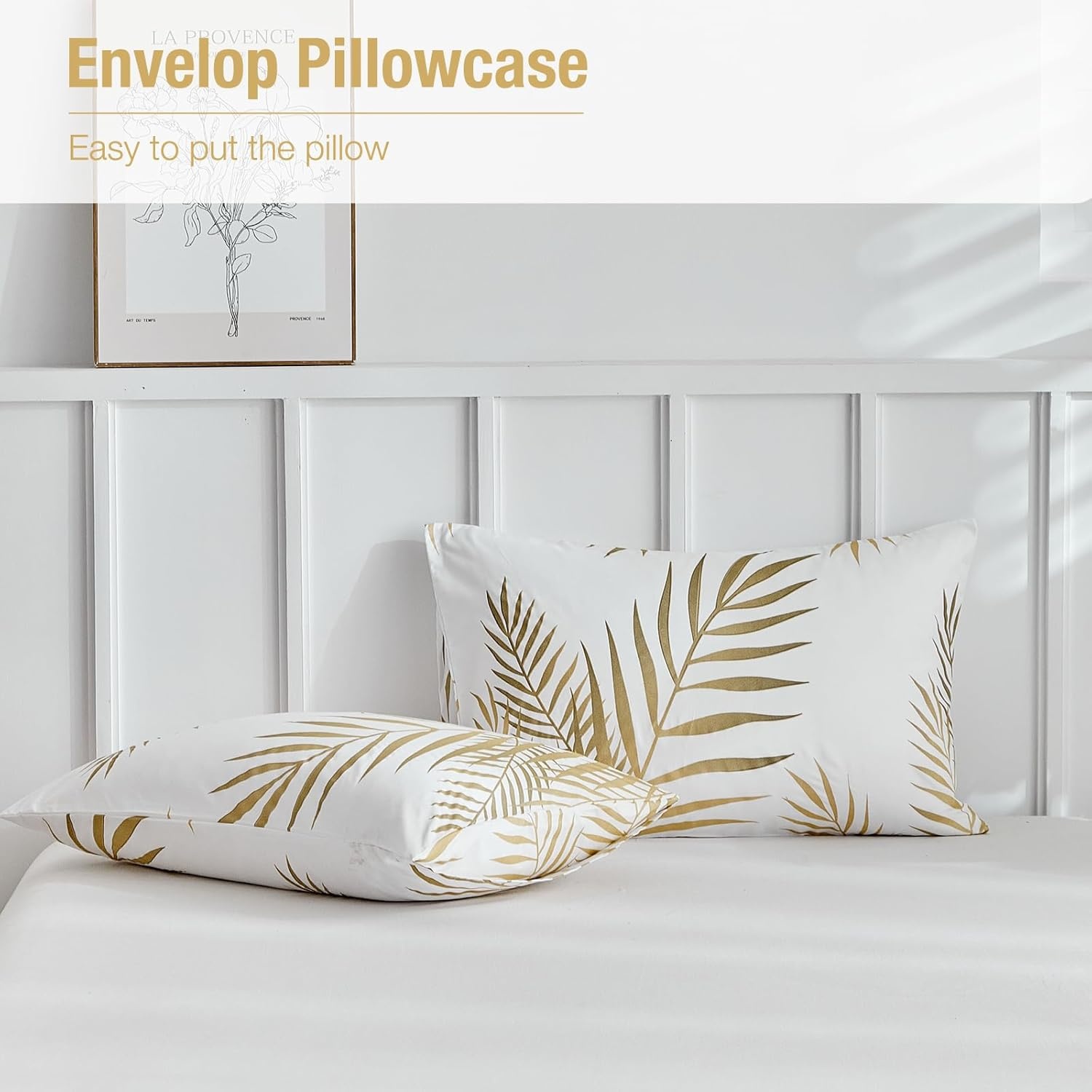 image:imageLekesky Duvet Cover Queen Size Reversible Botanical Floral Duvet Cover Set with Zipper Closure 3 Pieces Soft Microfiber Green Bedding Set 1Duvet Cover 90x90 2 Pillowcases 20x26C Whitegold Leaf No Comforter