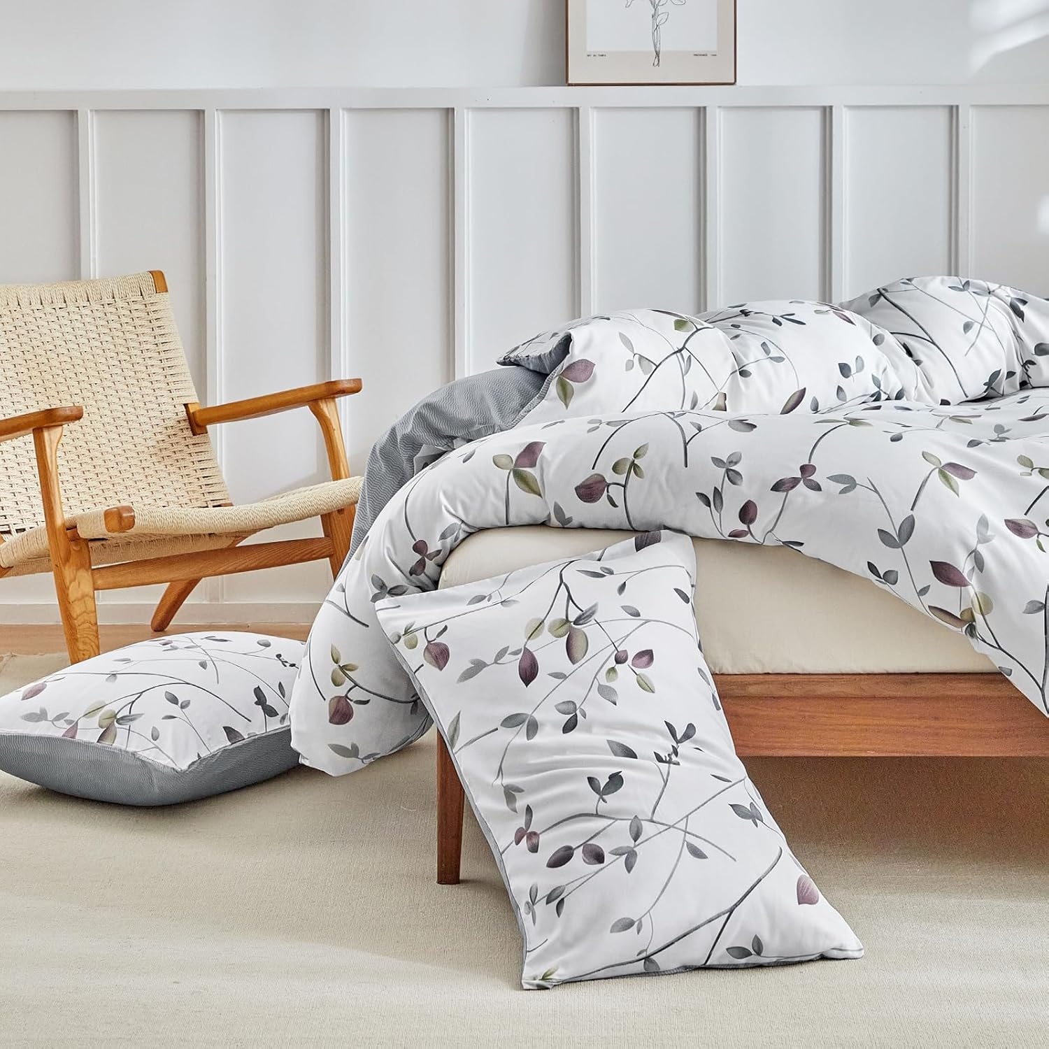 image:imageLekesky Duvet Cover Queen Size Reversible Botanical Floral Duvet Cover Set with Zipper Closure 3 Pieces Soft Microfiber Green Bedding Set 1Duvet Cover 90x90 2 Pillowcases 20x26Bwhite Grey Tree