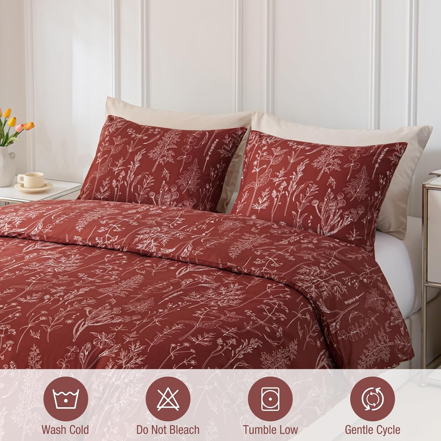 image:imageLekesky Duvet Cover Queen Size Reversible Botanical Floral Duvet Cover Set with Zipper Closure 3 Pieces Soft Microfiber Green Bedding Set 1Duvet Cover 90x90 2 Pillowcases 20x26Fdeep Red
