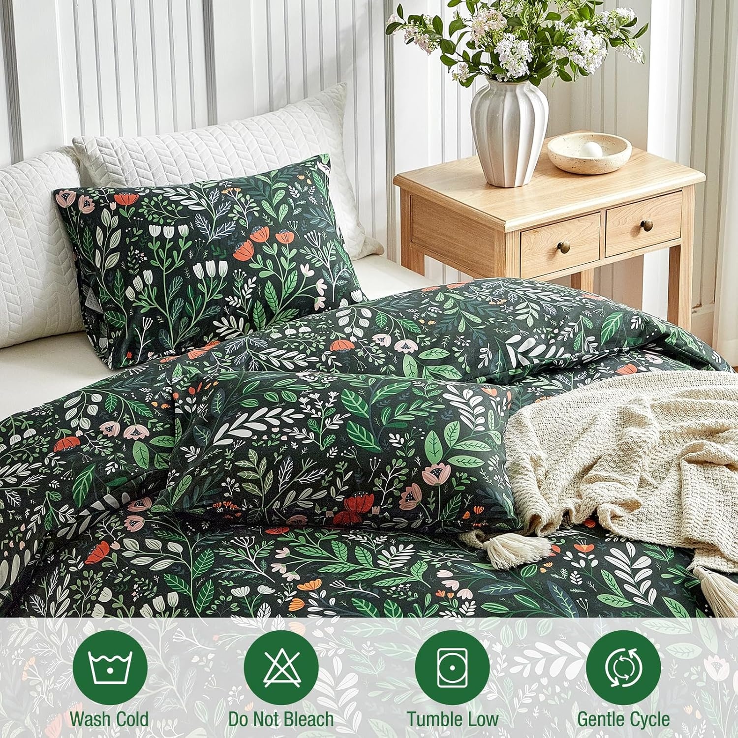 image:imageLekesky Duvet Cover Queen Size Reversible Botanical Floral Duvet Cover Set with Zipper Closure 3 Pieces Soft Microfiber Green Bedding Set 1Duvet Cover 90x90 2 Pillowcases 20x26C Greenromantic Garden