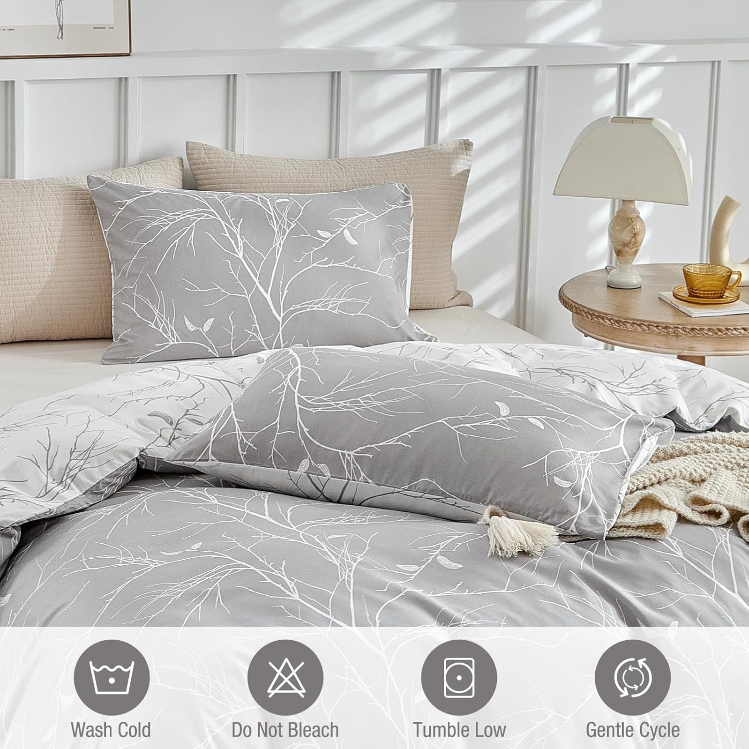 image:imageLekesky Duvet Cover Queen Size Reversible Botanical Floral Duvet Cover Set with Zipper Closure 3 Pieces Soft Microfiber Green Bedding Set 1Duvet Cover 90x90 2 Pillowcases 20x26Bgrey Branch