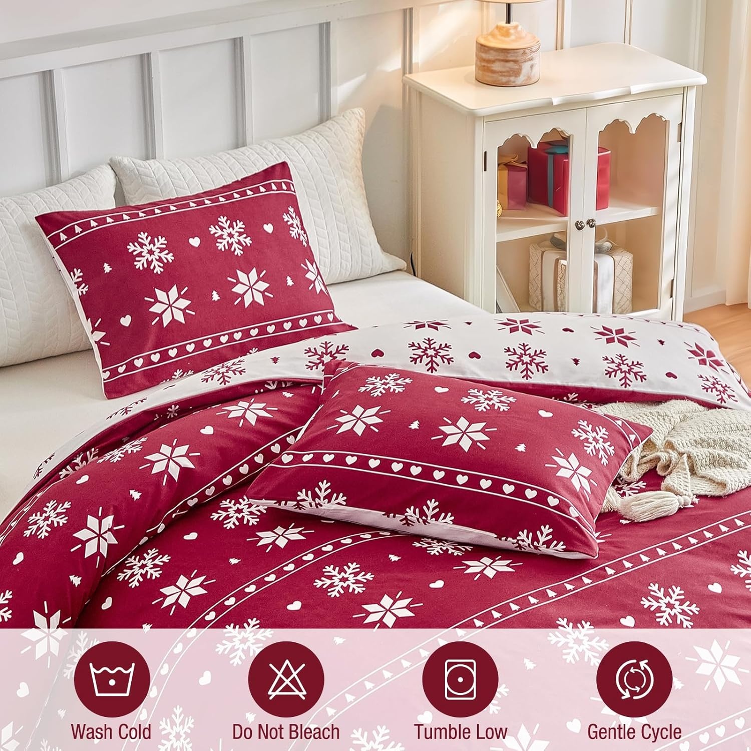 image:imageLekesky Duvet Cover Queen Size Reversible Botanical Floral Duvet Cover Set with Zipper Closure 3 Pieces Soft Microfiber Green Bedding Set 1Duvet Cover 90x90 2 Pillowcases 20x26C Snowflakes