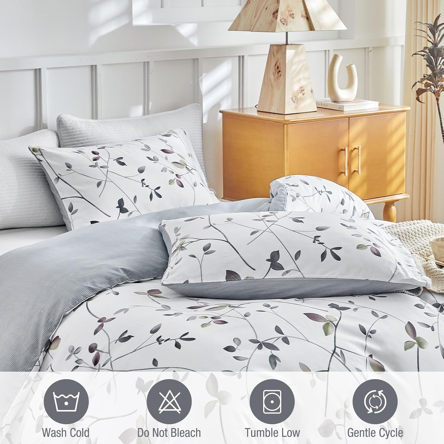 image:imageLekesky Duvet Cover Queen Size Reversible Botanical Floral Duvet Cover Set with Zipper Closure 3 Pieces Soft Microfiber Green Bedding Set 1Duvet Cover 90x90 2 Pillowcases 20x26Bwhite Grey Tree