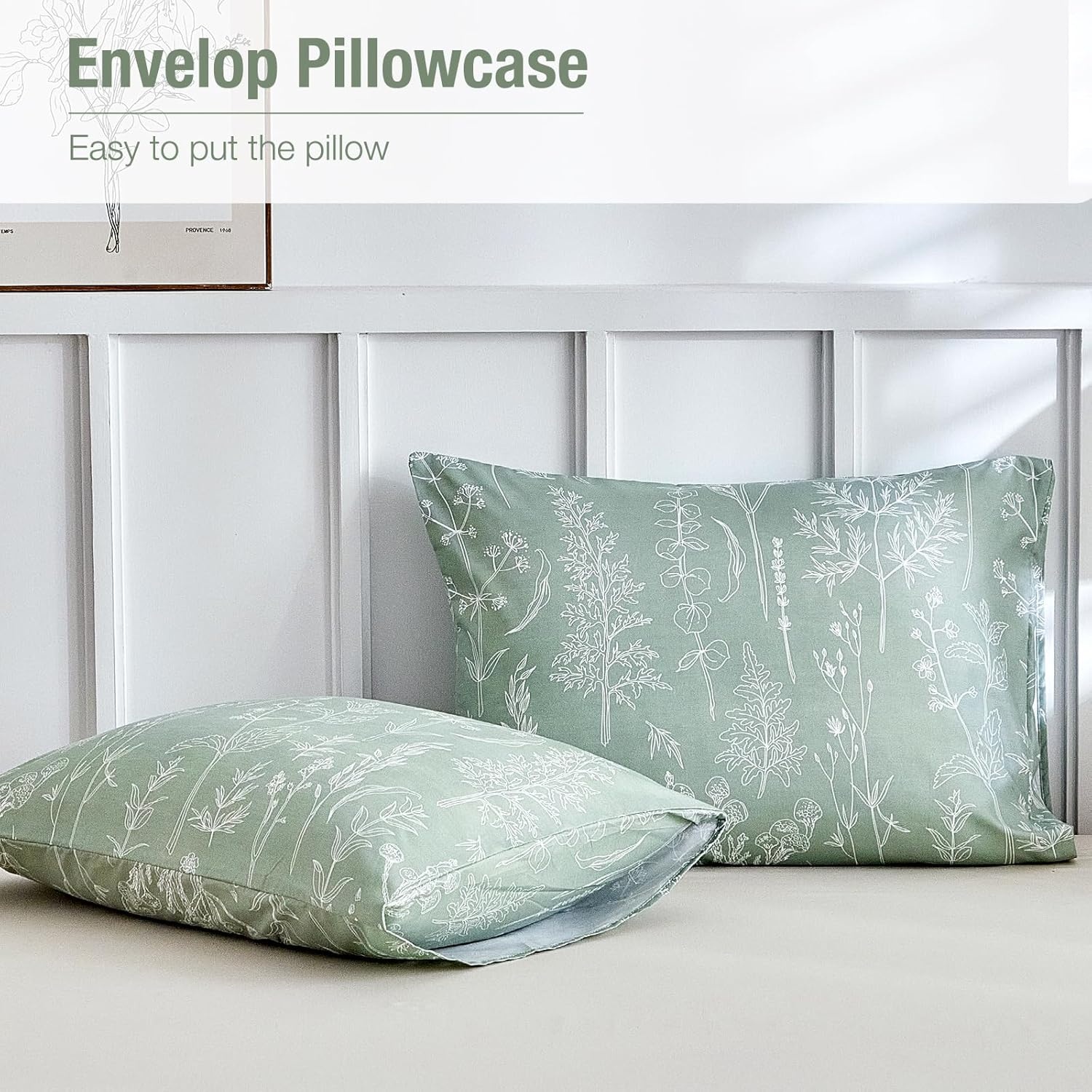 image:imageLekesky Duvet Cover Queen Size Reversible Botanical Floral Duvet Cover Set with Zipper Closure 3 Pieces Soft Microfiber Green Bedding Set 1Duvet Cover 90x90 2 Pillowcases 20x26C Sage Green