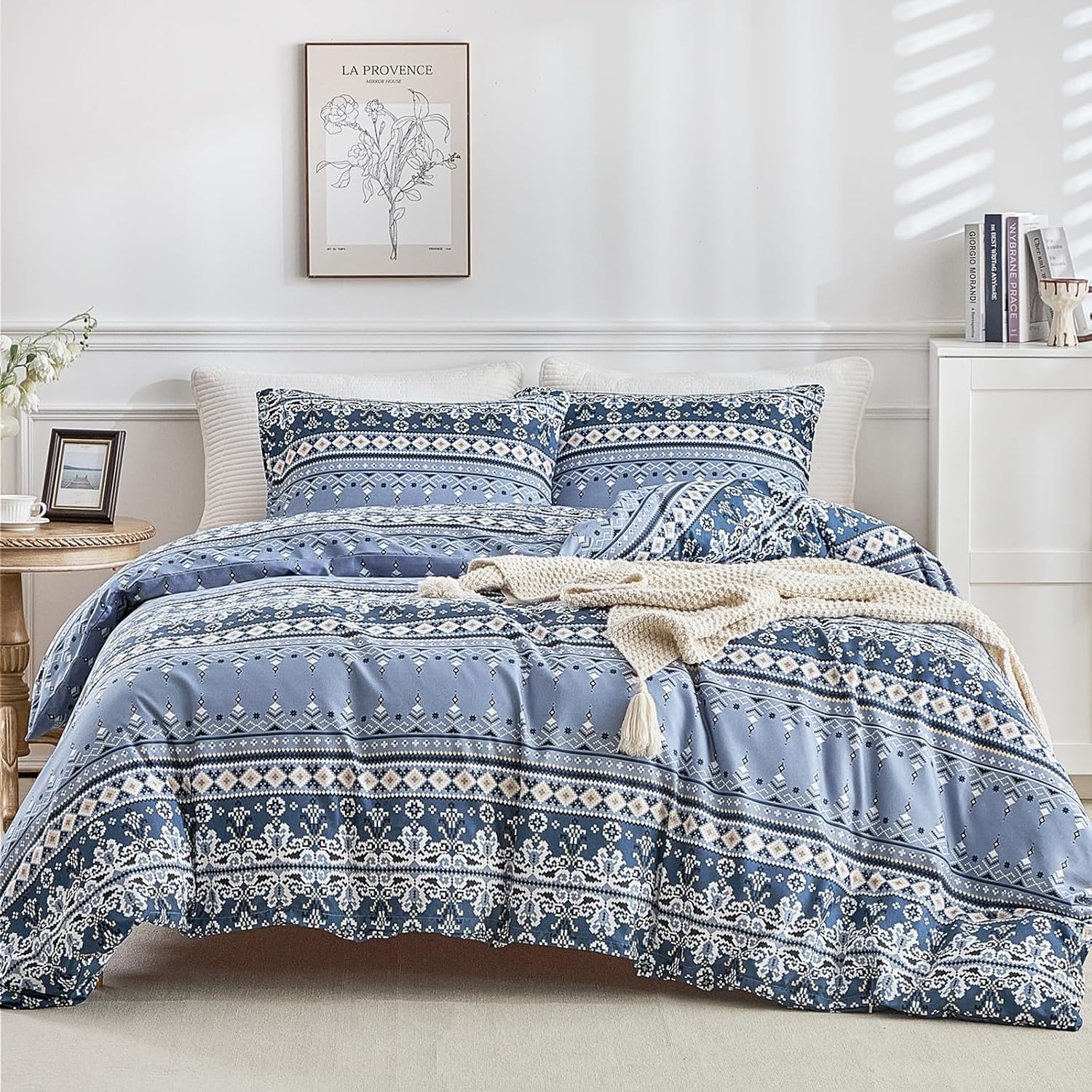 image:imageLekesky Duvet Cover Queen Size Reversible Botanical Floral Duvet Cover Set with Zipper Closure 3 Pieces Soft Microfiber Green Bedding Set 1Duvet Cover 90x90 2 Pillowcases 20x26Bindigo Blue No Comforter