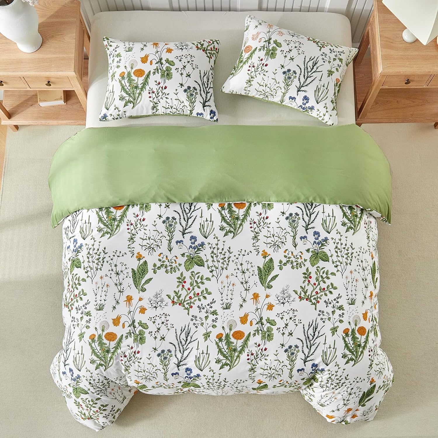image:imageLekesky Duvet Cover Queen Size Reversible Botanical Floral Duvet Cover Set with Zipper Closure 3 Pieces Soft Microfiber Green Bedding Set 1Duvet Cover 90x90 2 Pillowcases 20x26C Green Floralno Comforter
