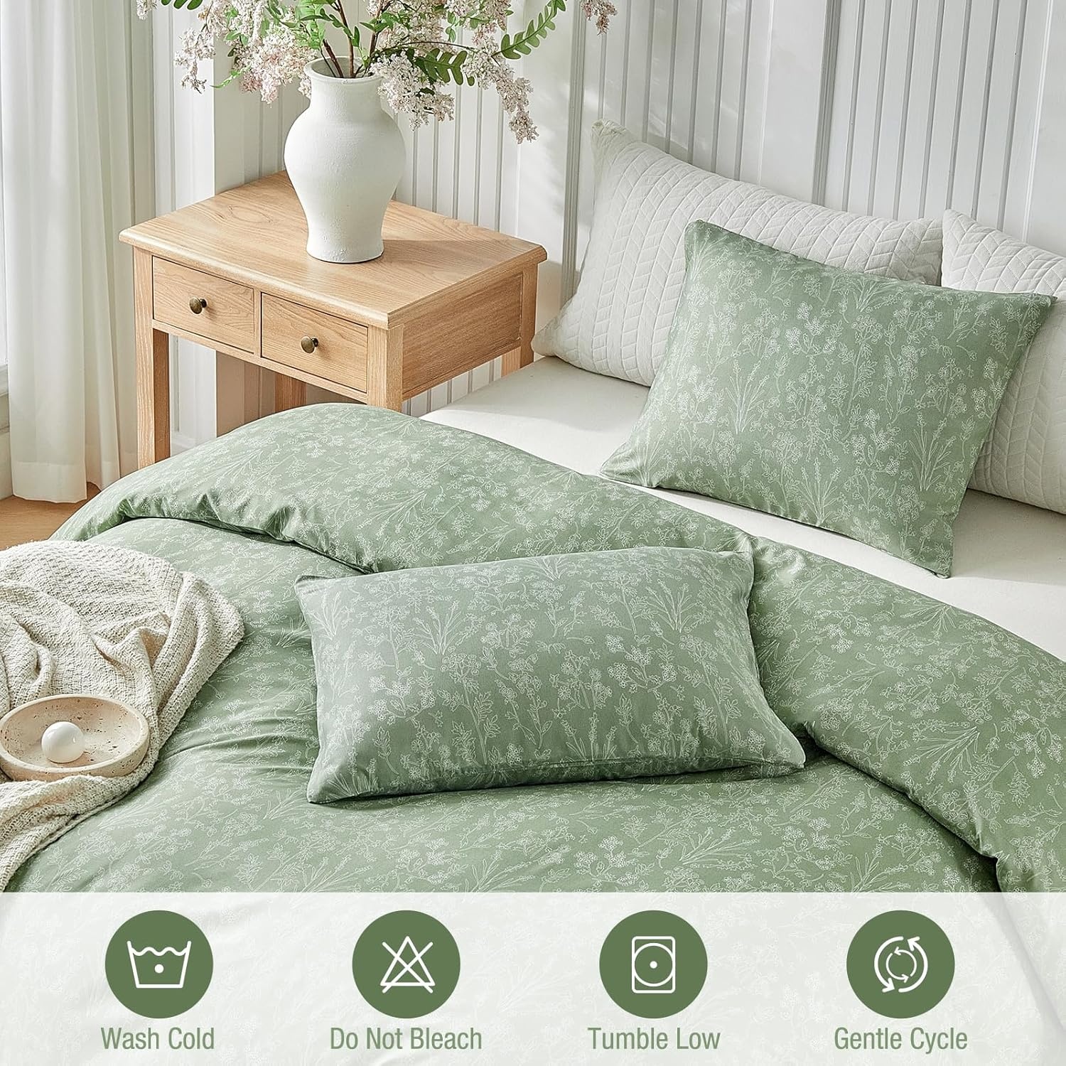image:imageLekesky Duvet Cover Queen Size Reversible Botanical Floral Duvet Cover Set with Zipper Closure 3 Pieces Soft Microfiber Green Bedding Set 1Duvet Cover 90x90 2 Pillowcases 20x26C Light Greenno Comforter
