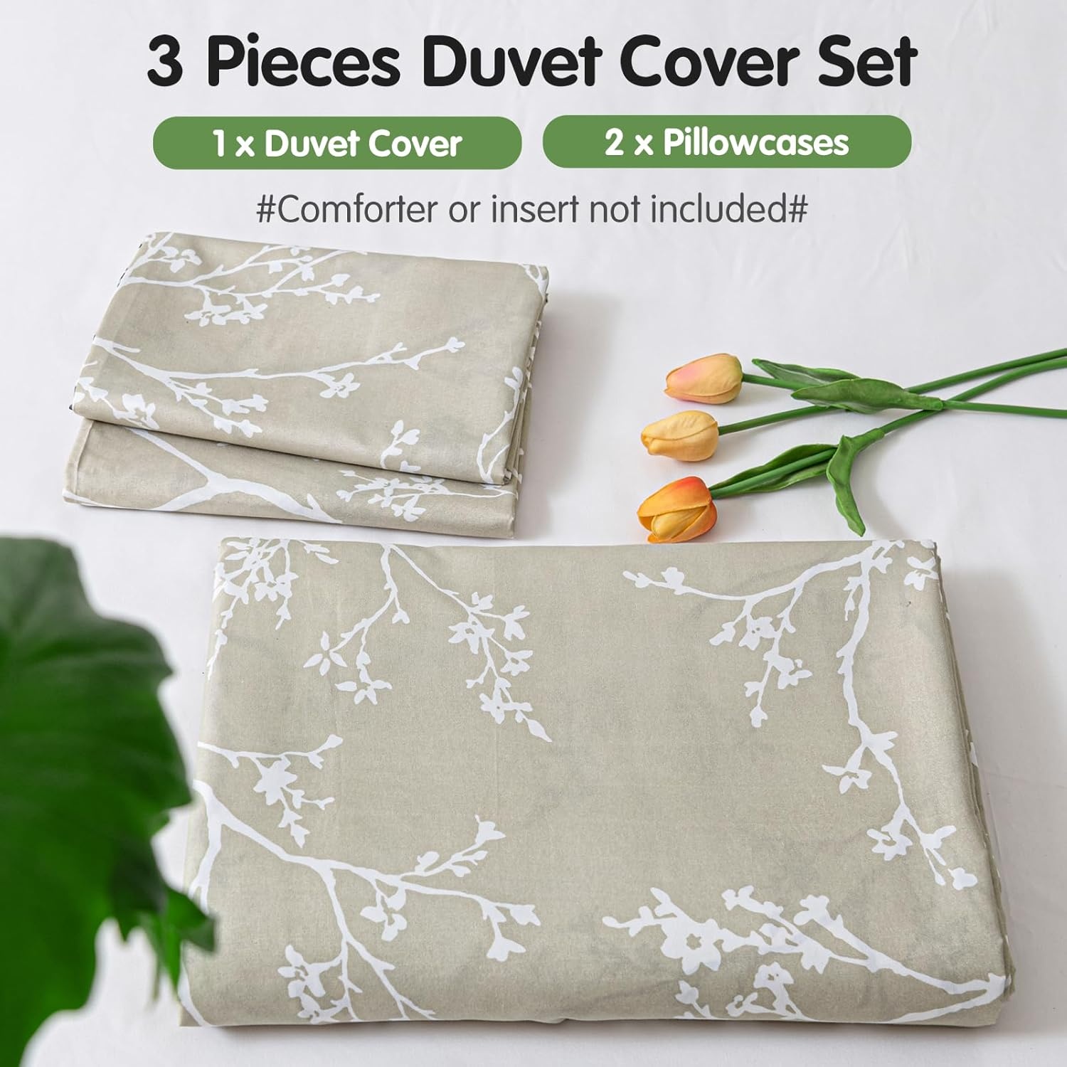 image:imageLekesky Duvet Cover Queen Size Reversible Botanical Floral Duvet Cover Set with Zipper Closure 3 Pieces Soft Microfiber Green Bedding Set 1Duvet Cover 90x90 2 Pillowcases 20x26C Khaki Whiteno Comforter