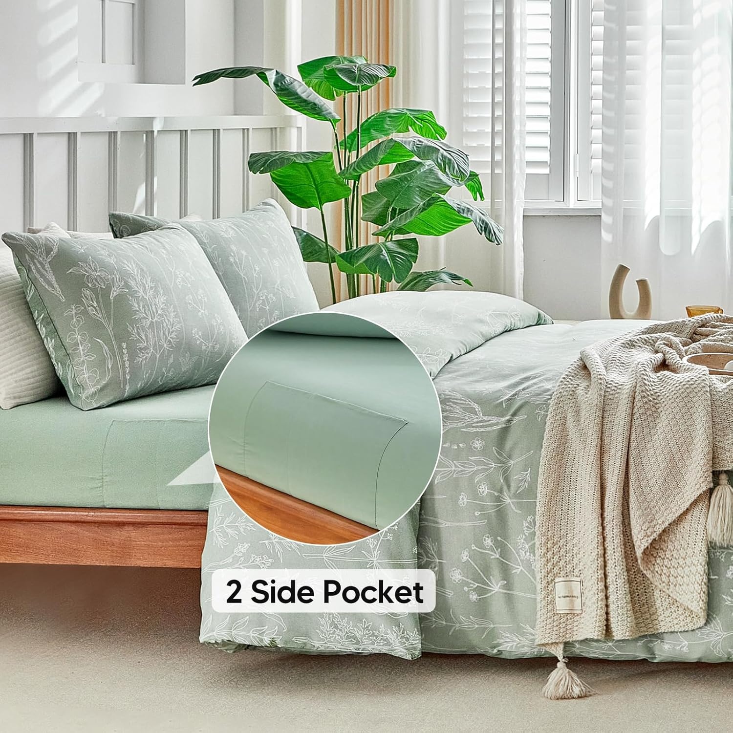 image:imageLekesky Duvet Cover Queen Size Reversible Botanical Floral Duvet Cover Set with Zipper Closure 3 Pieces Soft Microfiber Green Bedding Set 1Duvet Cover 90x90 2 Pillowcases 20x26C Sage Green