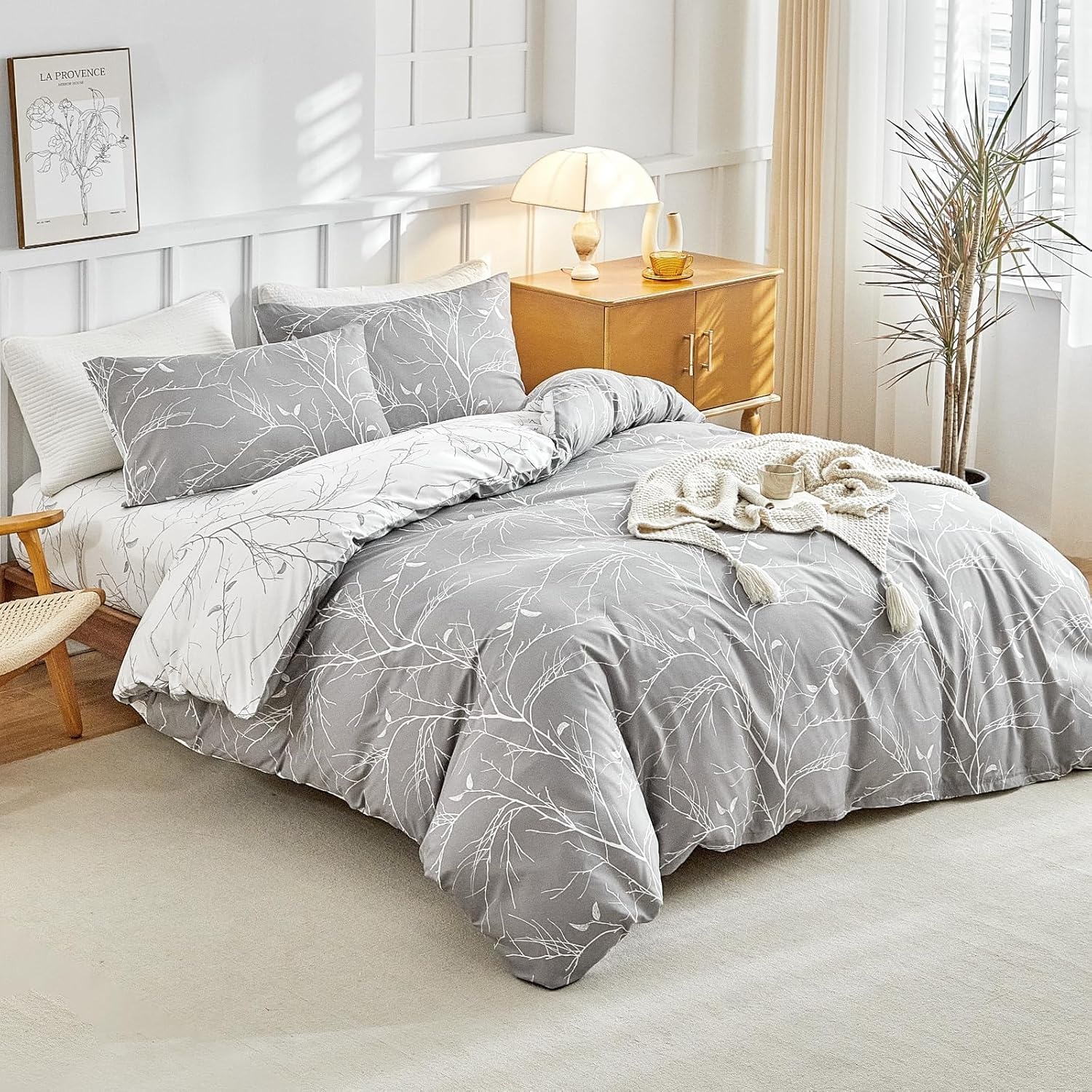 image:imageLekesky Duvet Cover Queen Size Reversible Botanical Floral Duvet Cover Set with Zipper Closure 3 Pieces Soft Microfiber Green Bedding Set 1Duvet Cover 90x90 2 Pillowcases 20x26Bgrey Branch