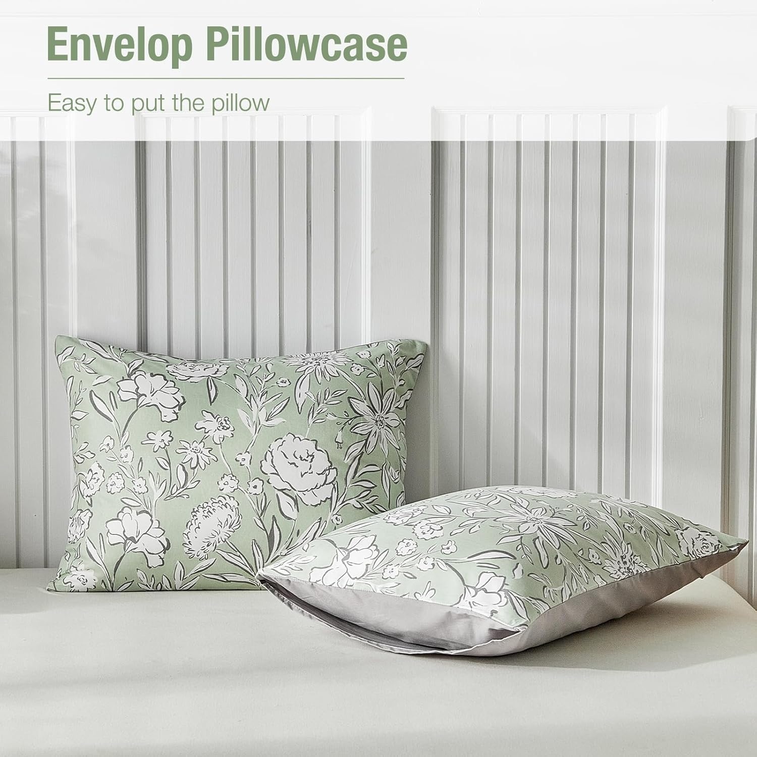 image:imageLekesky Duvet Cover Queen Size Reversible Botanical Floral Duvet Cover Set with Zipper Closure 3 Pieces Soft Microfiber Green Bedding Set 1Duvet Cover 90x90 2 Pillowcases 20x26C Grass Green No Comforter