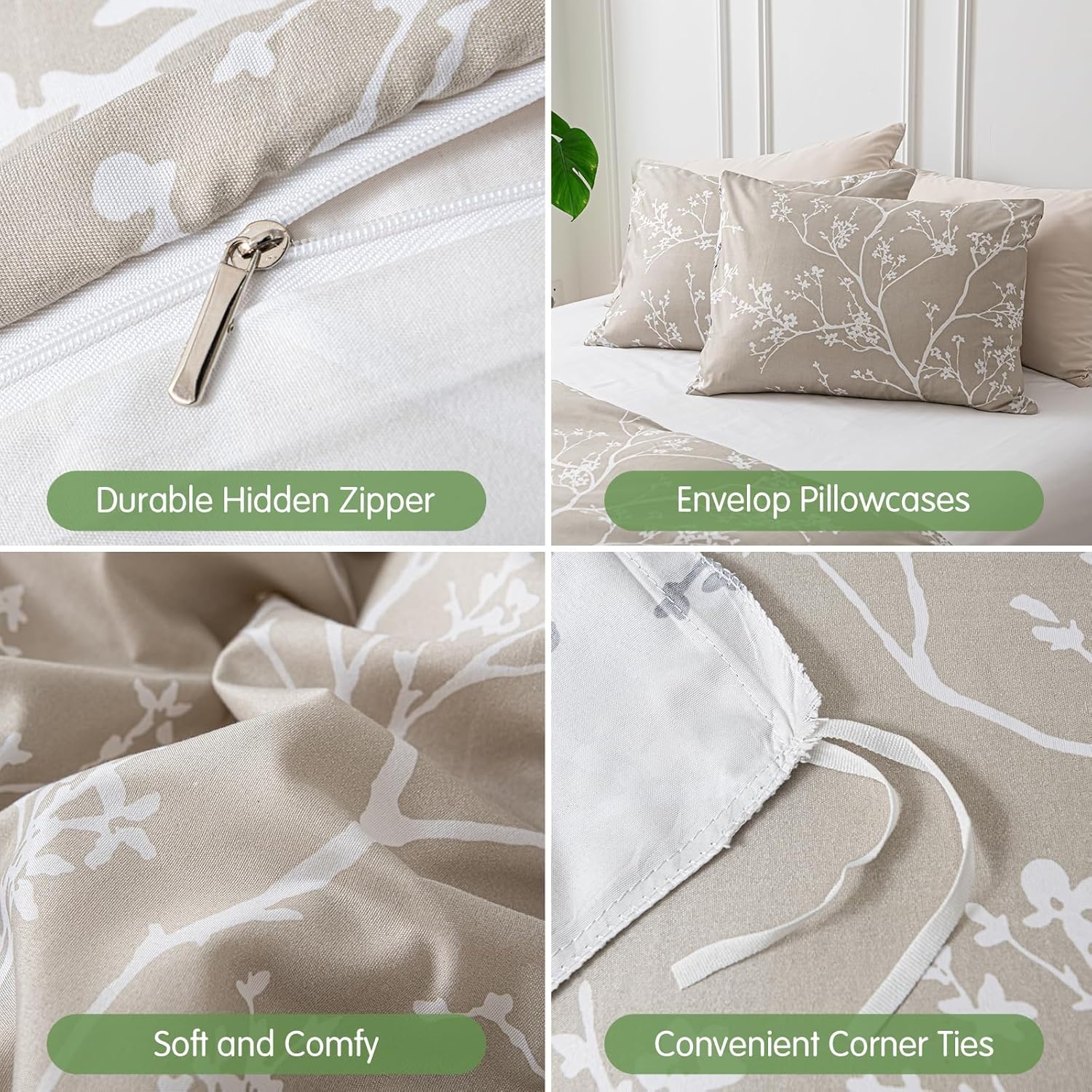 image:imageLekesky Duvet Cover Queen Size Reversible Botanical Floral Duvet Cover Set with Zipper Closure 3 Pieces Soft Microfiber Green Bedding Set 1Duvet Cover 90x90 2 Pillowcases 20x26C Khaki Whiteno Comforter