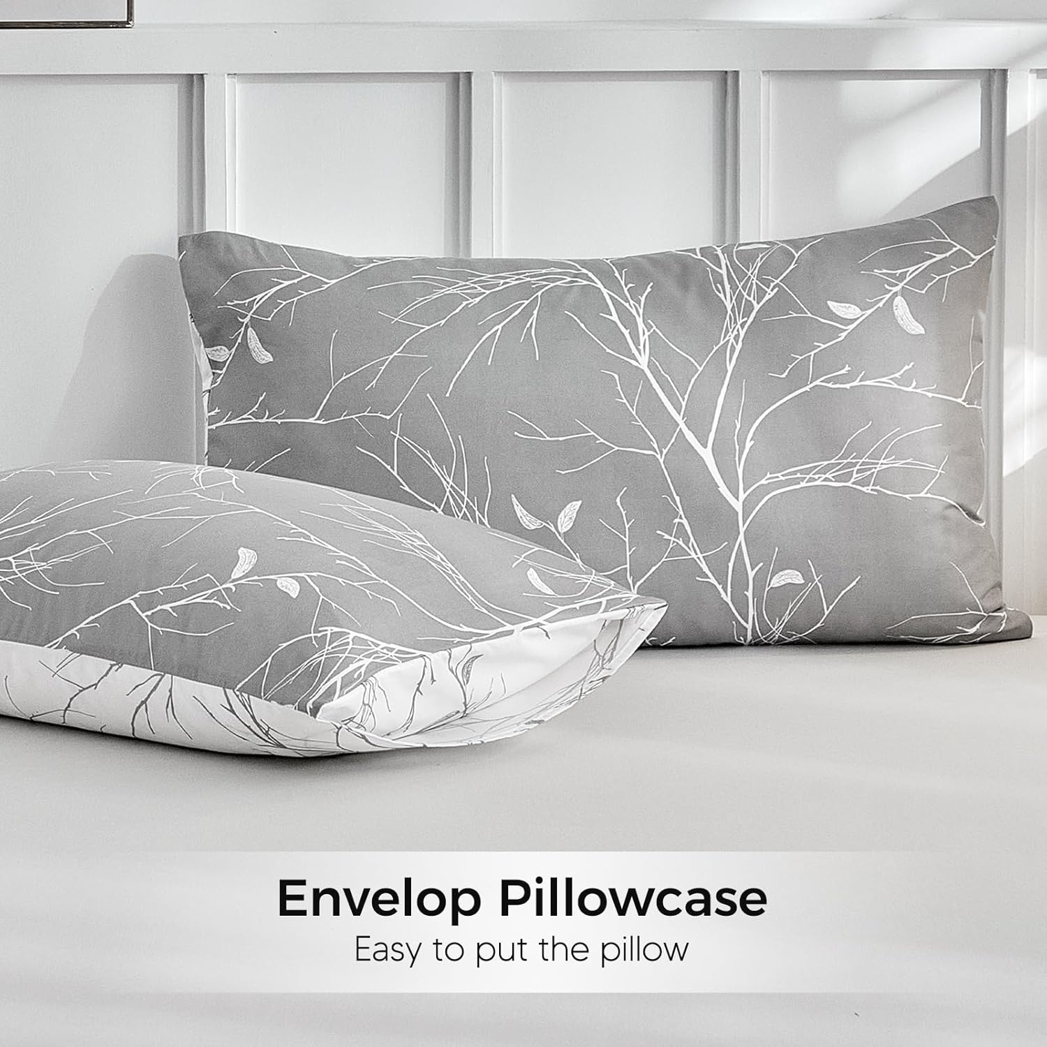 image:imageLekesky Duvet Cover Queen Size Reversible Botanical Floral Duvet Cover Set with Zipper Closure 3 Pieces Soft Microfiber Green Bedding Set 1Duvet Cover 90x90 2 Pillowcases 20x26Bgrey Branch