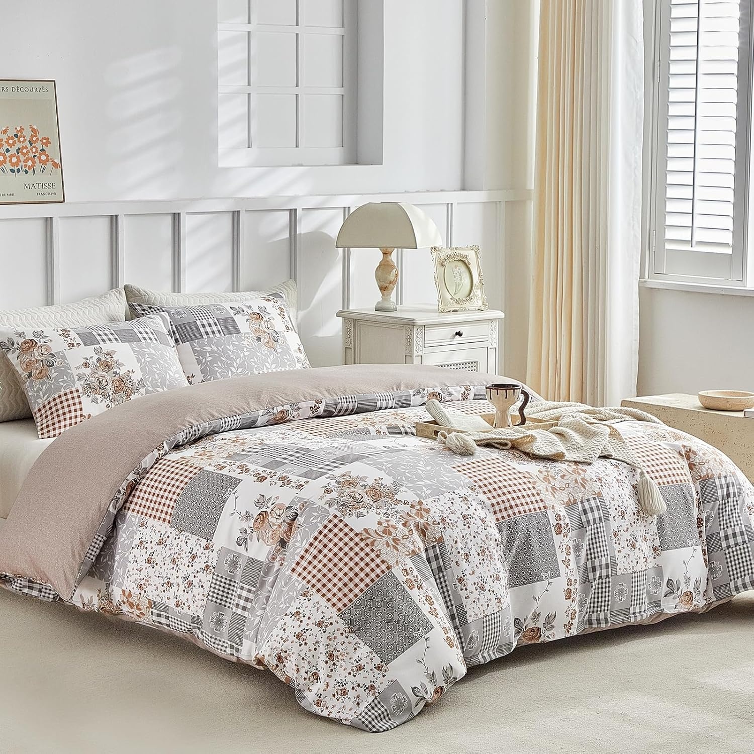 image:imageLekesky Duvet Cover Queen Size Reversible Botanical Floral Duvet Cover Set with Zipper Closure 3 Pieces Soft Microfiber Green Bedding Set 1Duvet Cover 90x90 2 Pillowcases 20x26Dpatchworkgrey