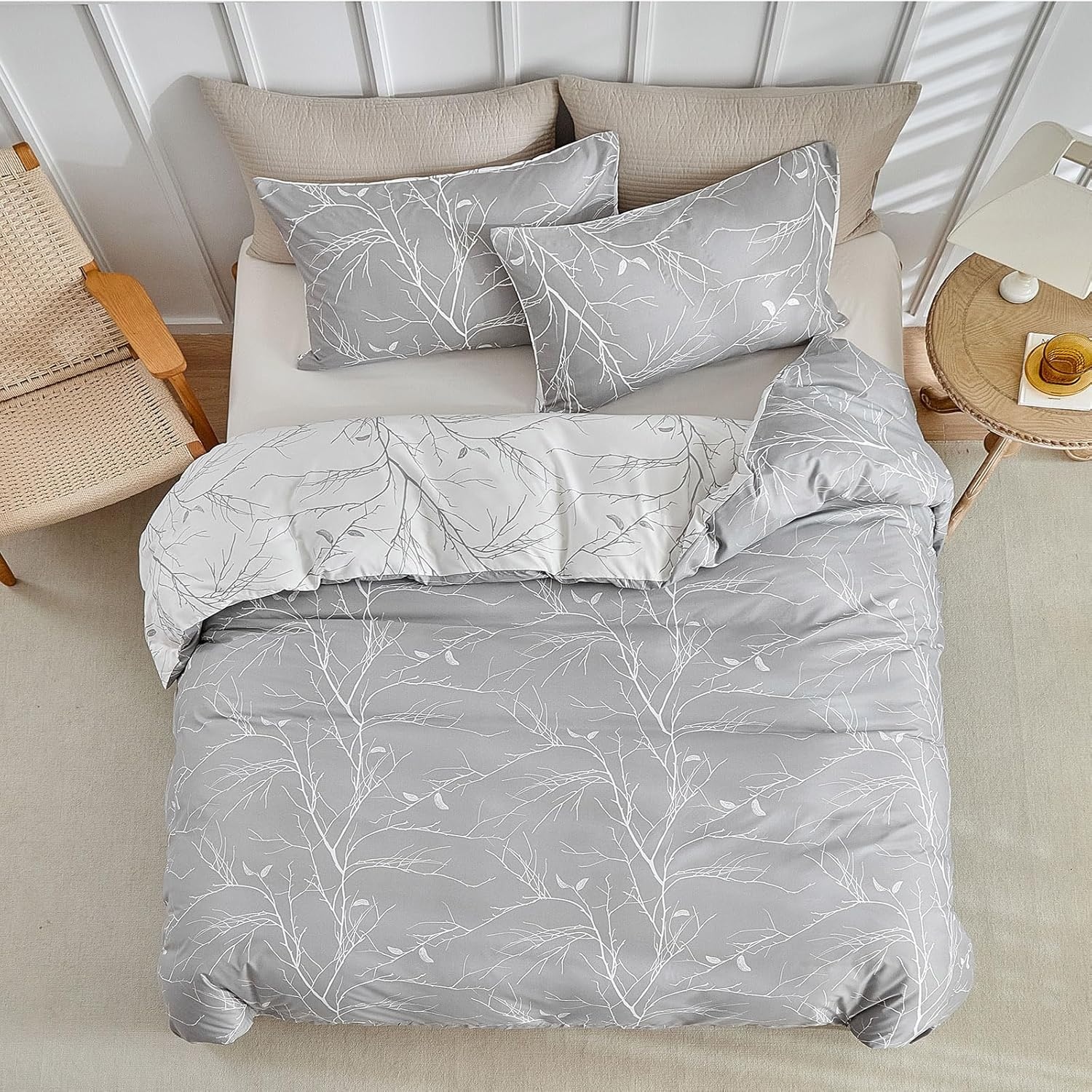 image:imageLekesky Duvet Cover Queen Size Reversible Botanical Floral Duvet Cover Set with Zipper Closure 3 Pieces Soft Microfiber Green Bedding Set 1Duvet Cover 90x90 2 Pillowcases 20x26Bgrey Branch
