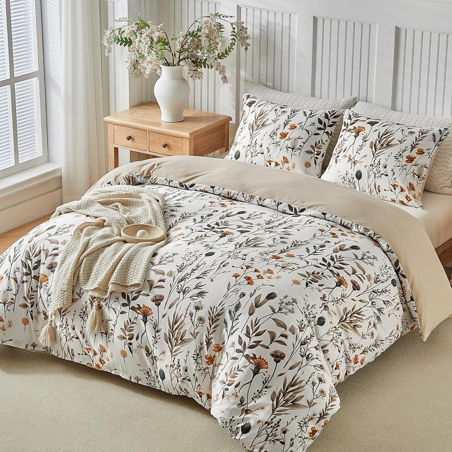 image:imageLekesky Duvet Cover Queen Size Reversible Botanical Floral Duvet Cover Set with Zipper Closure 3 Pieces Soft Microfiber Green Bedding Set 1Duvet Cover 90x90 2 Pillowcases 20x26C White Earthno Comforter