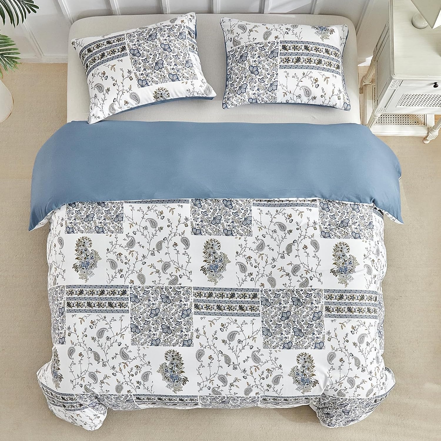 image:imageLekesky Duvet Cover Queen Size Reversible Botanical Floral Duvet Cover Set with Zipper Closure 3 Pieces Soft Microfiber Green Bedding Set 1Duvet Cover 90x90 2 Pillowcases 20x26Dpatchworkblue