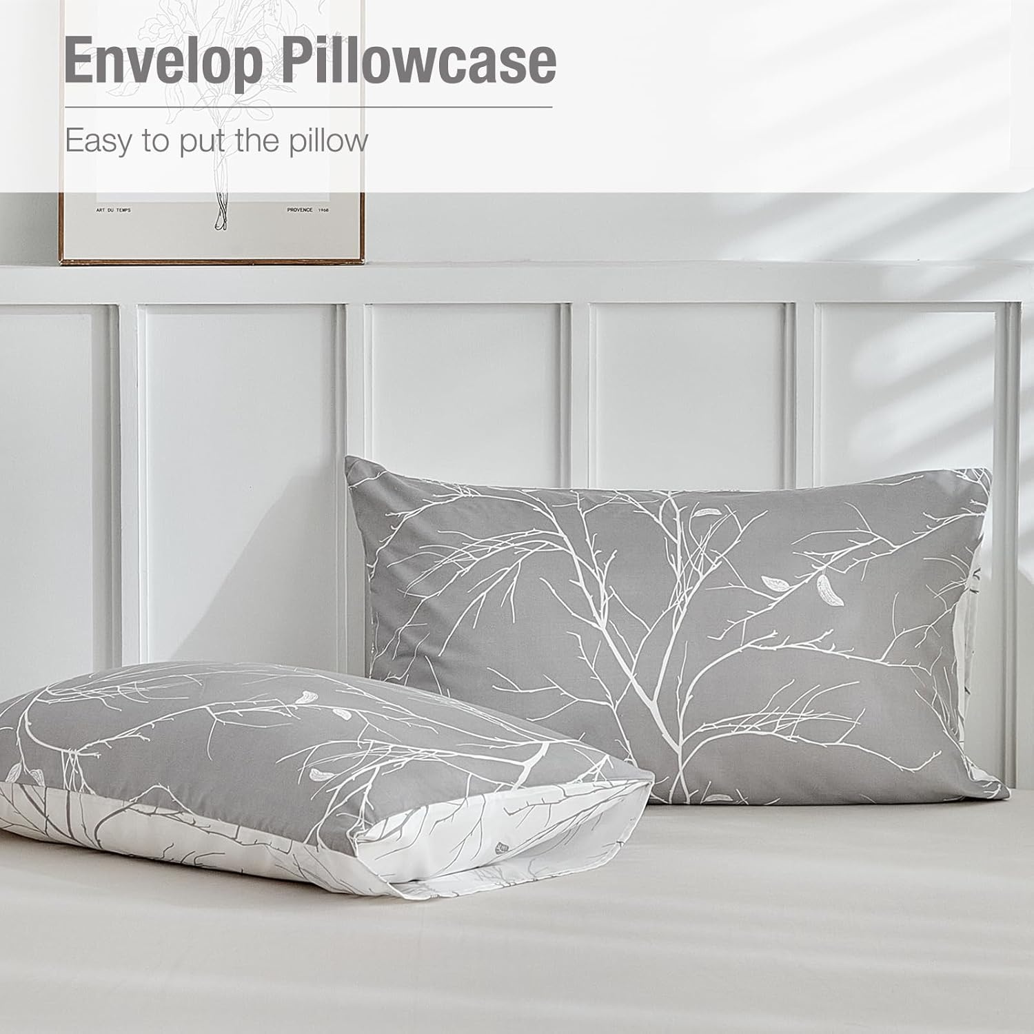 image:imageLekesky Duvet Cover Queen Size Reversible Botanical Floral Duvet Cover Set with Zipper Closure 3 Pieces Soft Microfiber Green Bedding Set 1Duvet Cover 90x90 2 Pillowcases 20x26Bgrey Branch