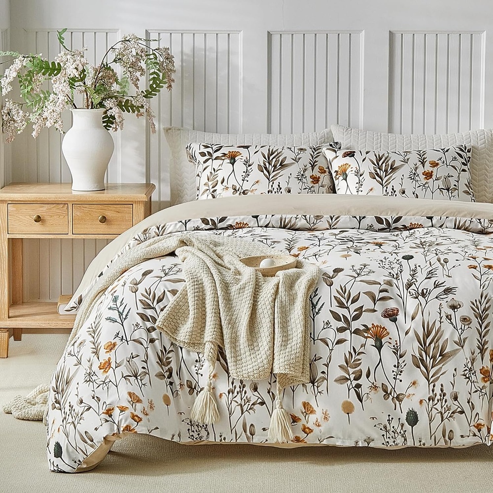 image:imageLekesky Duvet Cover Queen Size Reversible Botanical Floral Duvet Cover Set with Zipper Closure 3 Pieces Soft Microfiber Green Bedding Set 1Duvet Cover 90x90 2 Pillowcases 20x26C White Earthno Comforter