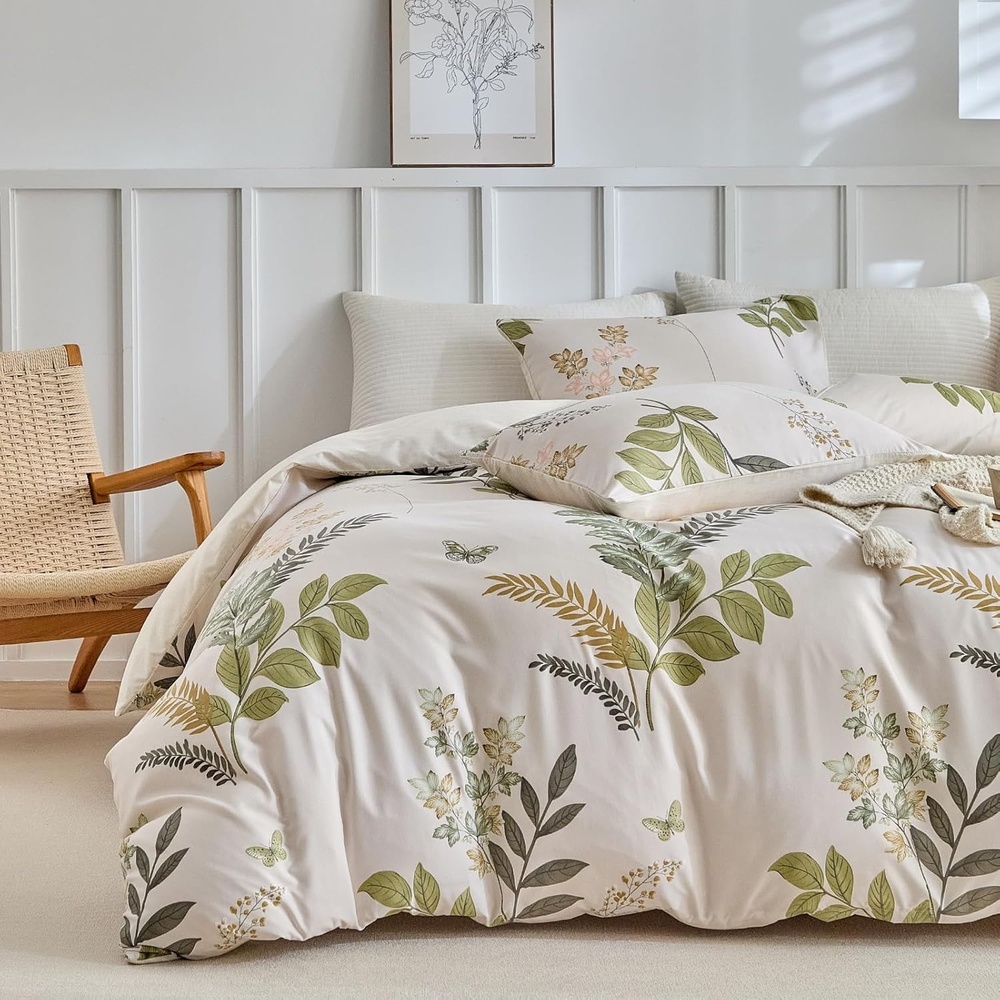 image:imageLekesky Duvet Cover Queen Size Reversible Botanical Floral Duvet Cover Set with Zipper Closure 3 Pieces Soft Microfiber Green Bedding Set 1Duvet Cover 90x90 2 Pillowcases 20x26C Whitegreen Leaf No Comforter