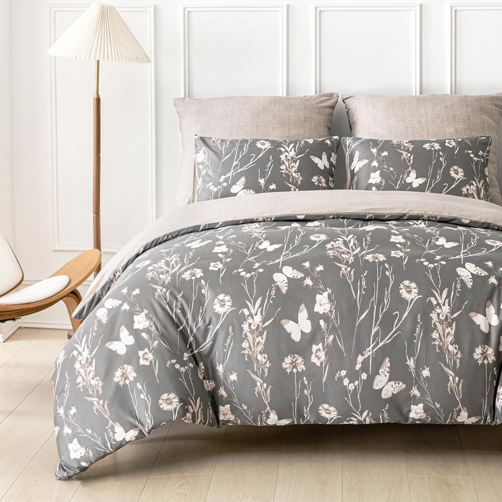 image:imageLekesky Duvet Cover Queen Size Reversible Botanical Floral Duvet Cover Set with Zipper Closure 3 Pieces Soft Microfiber Green Bedding Set 1Duvet Cover 90x90 2 Pillowcases 20x26A Deep Greyno Comforter
