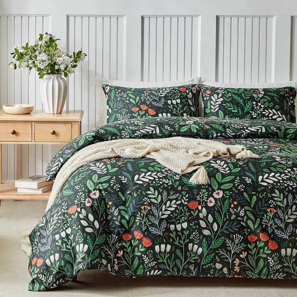 image:imageLekesky Duvet Cover Queen Size Reversible Botanical Floral Duvet Cover Set with Zipper Closure 3 Pieces Soft Microfiber Green Bedding Set 1Duvet Cover 90x90 2 Pillowcases 20x26C Greenromantic Garden