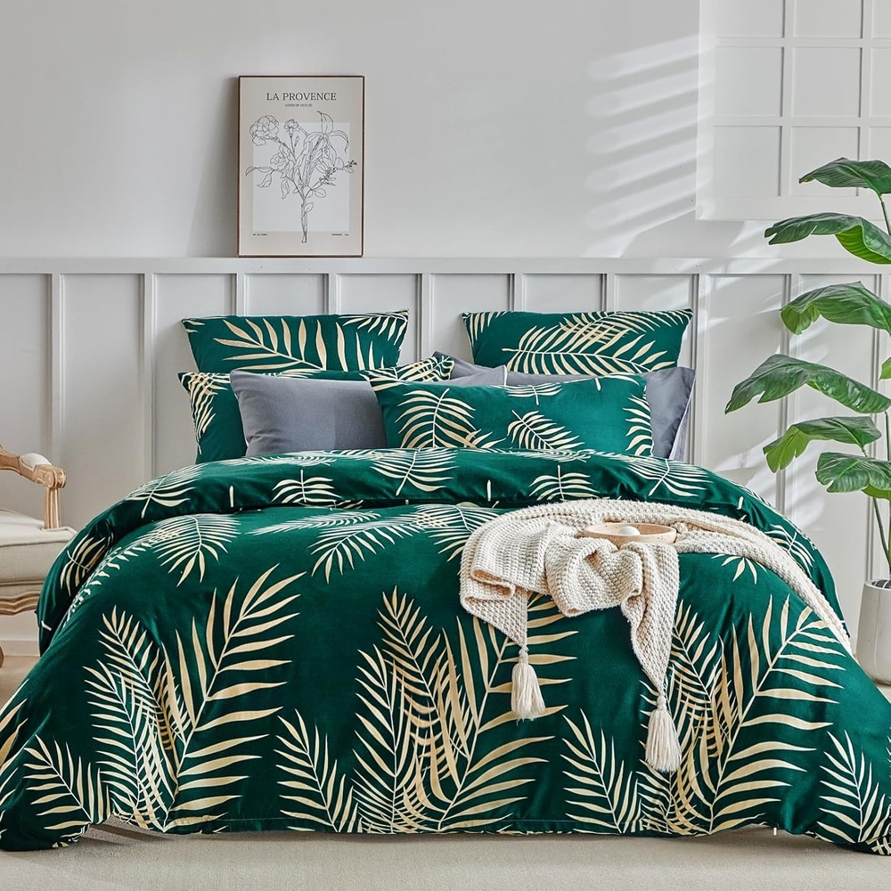 image:imageLekesky Duvet Cover Queen Size Reversible Botanical Floral Duvet Cover Set with Zipper Closure 3 Pieces Soft Microfiber Green Bedding Set 1Duvet Cover 90x90 2 Pillowcases 20x26C Greengold Leaf No Comforter