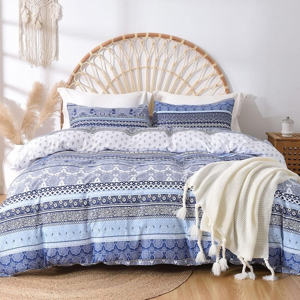image:imageLekesky Duvet Cover Queen Size Reversible Botanical Floral Duvet Cover Set with Zipper Closure 3 Pieces Soft Microfiber Green Bedding Set 1Duvet Cover 90x90 2 Pillowcases 20x26A Blue Bohemia Style