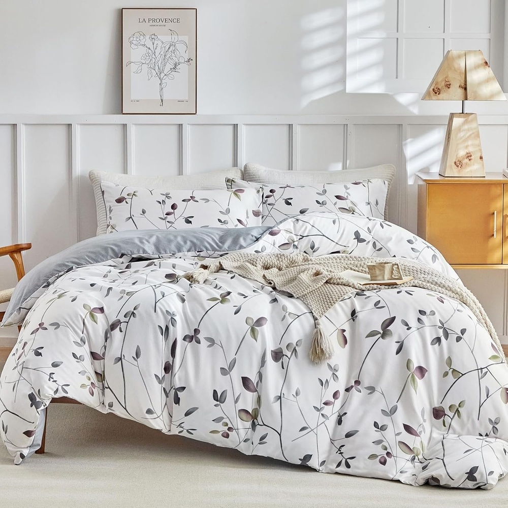 image:imageLekesky Duvet Cover Queen Size Reversible Botanical Floral Duvet Cover Set with Zipper Closure 3 Pieces Soft Microfiber Green Bedding Set 1Duvet Cover 90x90 2 Pillowcases 20x26Bwhite Grey Tree