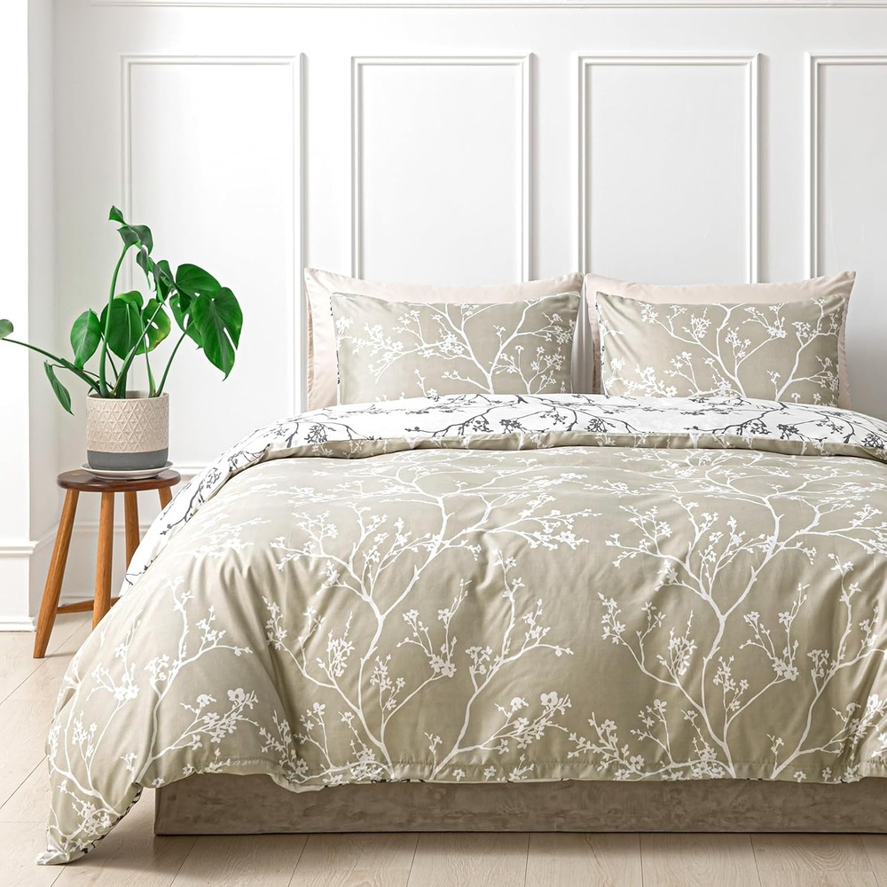 image:imageLekesky Duvet Cover Queen Size Reversible Botanical Floral Duvet Cover Set with Zipper Closure 3 Pieces Soft Microfiber Green Bedding Set 1Duvet Cover 90x90 2 Pillowcases 20x26C Khaki Whiteno Comforter