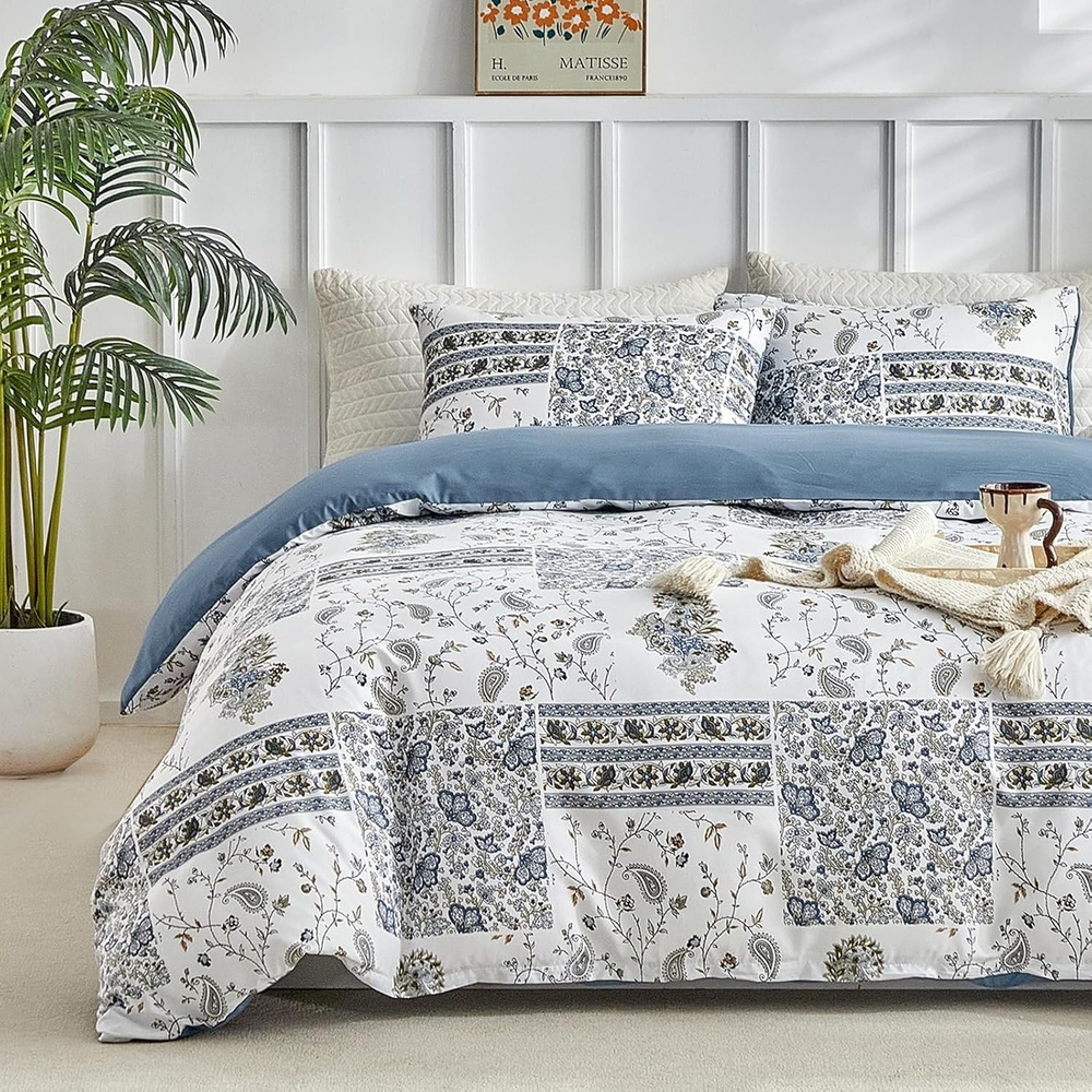 image:imageLekesky Duvet Cover Queen Size Reversible Botanical Floral Duvet Cover Set with Zipper Closure 3 Pieces Soft Microfiber Green Bedding Set 1Duvet Cover 90x90 2 Pillowcases 20x26Dpatchworkblue