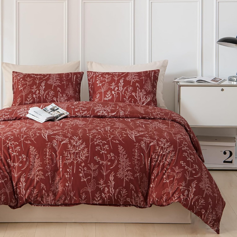 image:imageLekesky Duvet Cover Queen Size Reversible Botanical Floral Duvet Cover Set with Zipper Closure 3 Pieces Soft Microfiber Green Bedding Set 1Duvet Cover 90x90 2 Pillowcases 20x26Fdeep Red