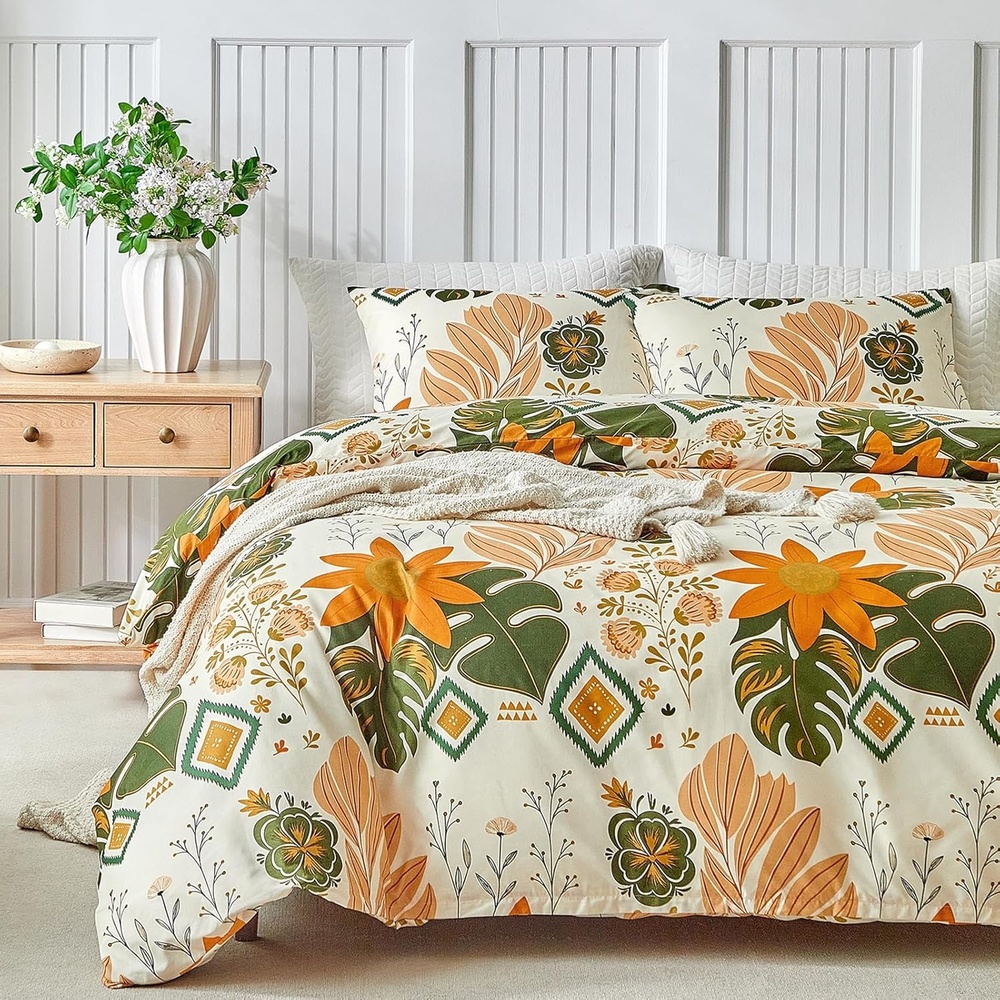 image:imageLekesky Duvet Cover Queen Size Reversible Botanical Floral Duvet Cover Set with Zipper Closure 3 Pieces Soft Microfiber Green Bedding Set 1Duvet Cover 90x90 2 Pillowcases 20x26C Yellowbaroque