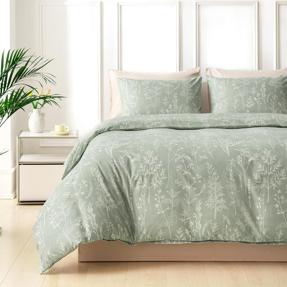 image:imageLekesky Duvet Cover Queen Size Reversible Botanical Floral Duvet Cover Set with Zipper Closure 3 Pieces Soft Microfiber Green Bedding Set 1Duvet Cover 90x90 2 Pillowcases 20x26C Sage Green